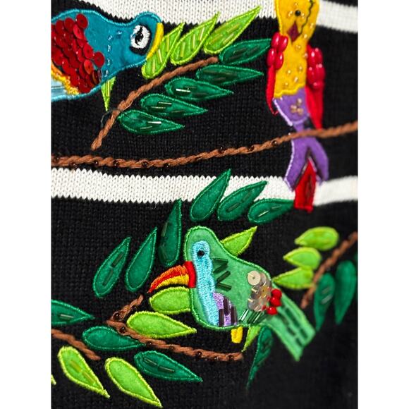 Terrazzo beaded embroidery parrot Bird Short Sleeve Button Sweater top Womens XL - Picture 4 of 11